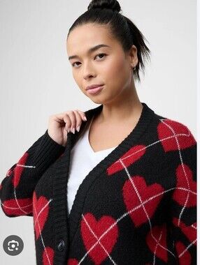 Torrid Boyfriend Long Cardigan Black & Red Heart Argyle Size 1